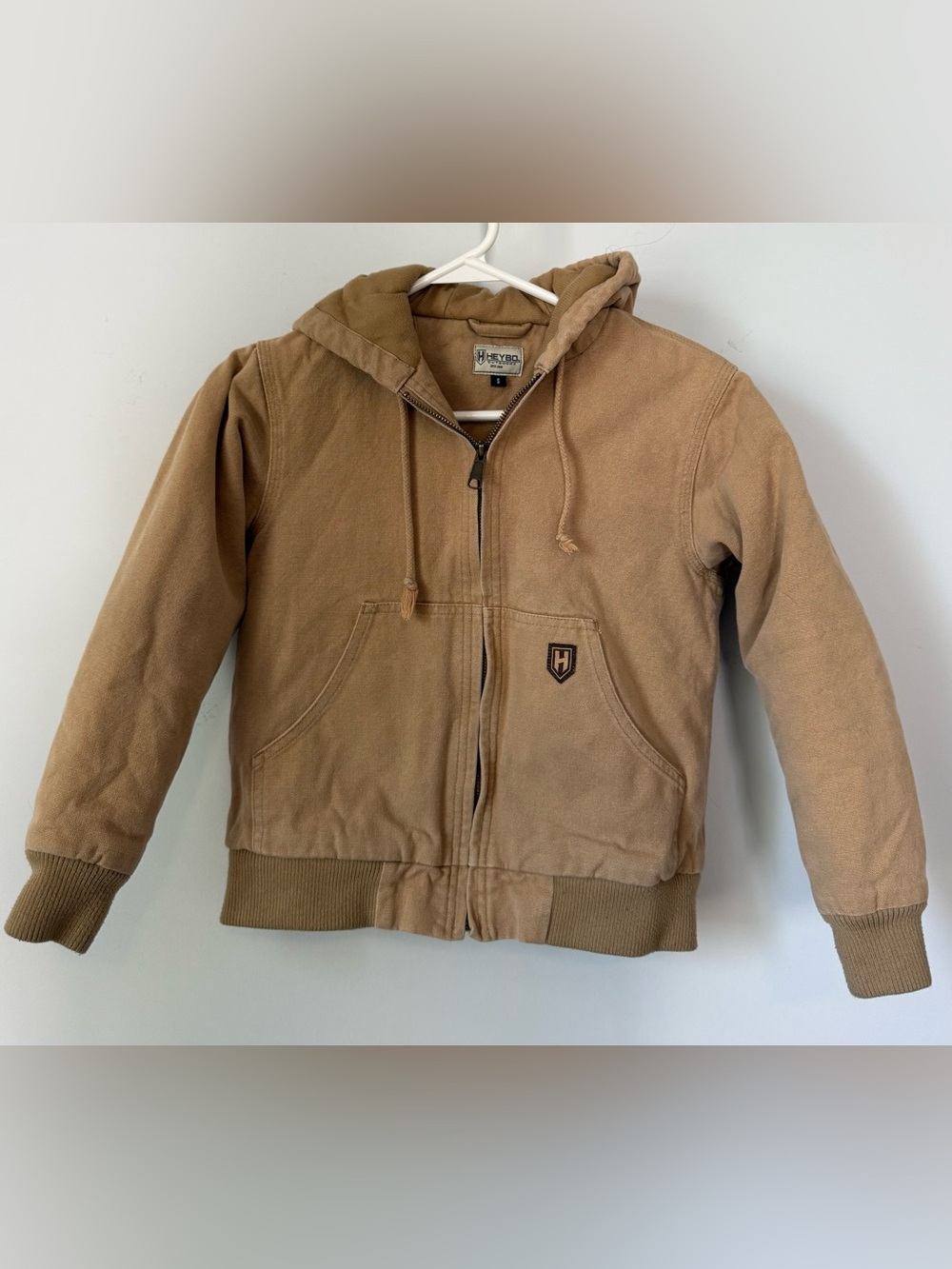 HEYBO Youth canvas Jacket Size Small 5/6 Hooded Tan